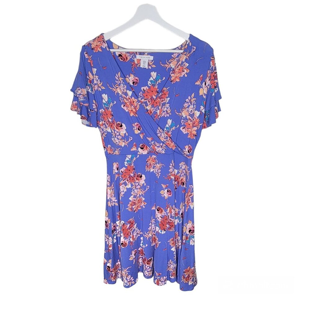 Tabitha Webb Surplice Bodice Blue Floral Stretch Dress Size M Medium #3190